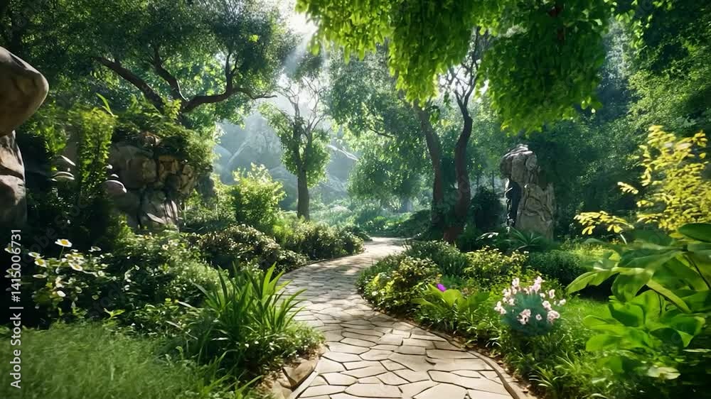 Sunlit path through lush, garden forest