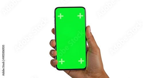 smartphone with green screen with a hand holding it, on white background