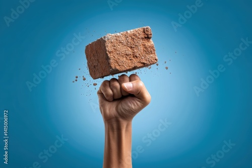 Youth raises brick in defiance, symbolizing strength and the spirit of uprising against oppression