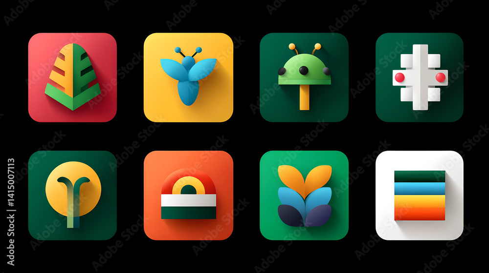 Diverse Icon Set Featuring Leaf Insect Mushroom Geometric Sun and Layer Stack