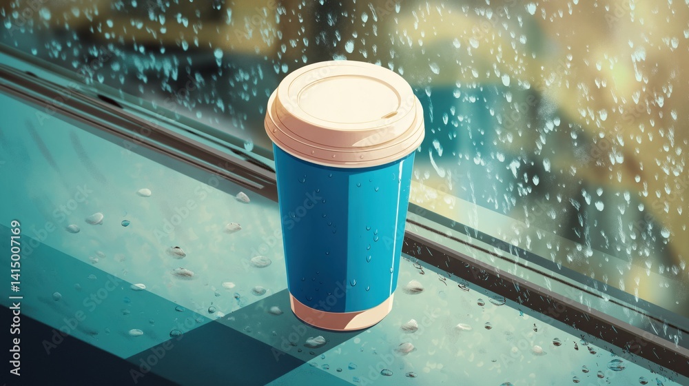 Warm coffee cup on a window sill during a rainy afternoon in a cozy urban setting, cartoon illustration.