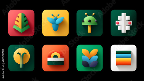 Obraz na płótnie Diverse Icon Set Featuring Leaf Insect Mushroom Geometric Sun and Layer Stack w salonie