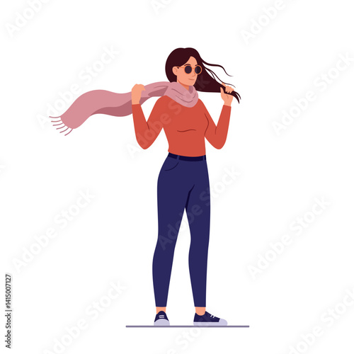 Young woman with sunglasses wearing casual autumn outfit holding pink scarf in minimal flat style vector illustration
