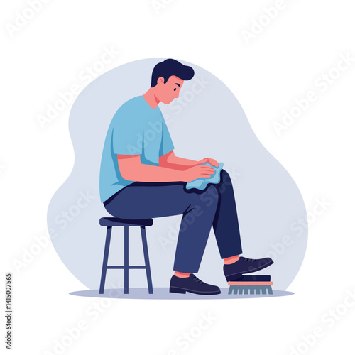 Young man polishing black shoes while seated on stool in minimal flat design vector illustration