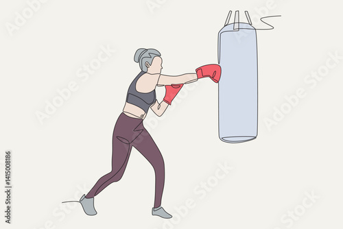 Colored woman boxing concept one-line drawing