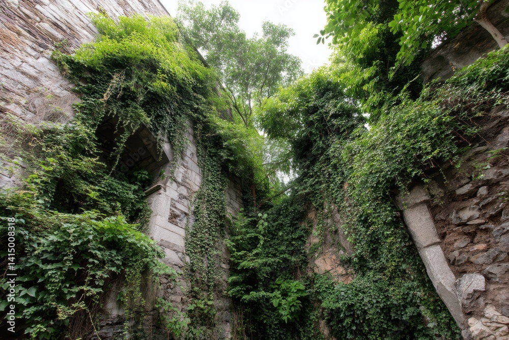 Ivy vines ascend ancient stone walls of a forgotten structure, nature reclaiming its territory with enchanting decay Ivy vines ascend ancient stone walls of a forgotten structure, nature reclaiming its territory with enchanting decay