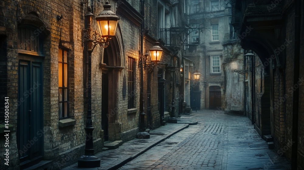 Obraz premium Mysterious cobblestone alley with glowing gas lamps in historic district