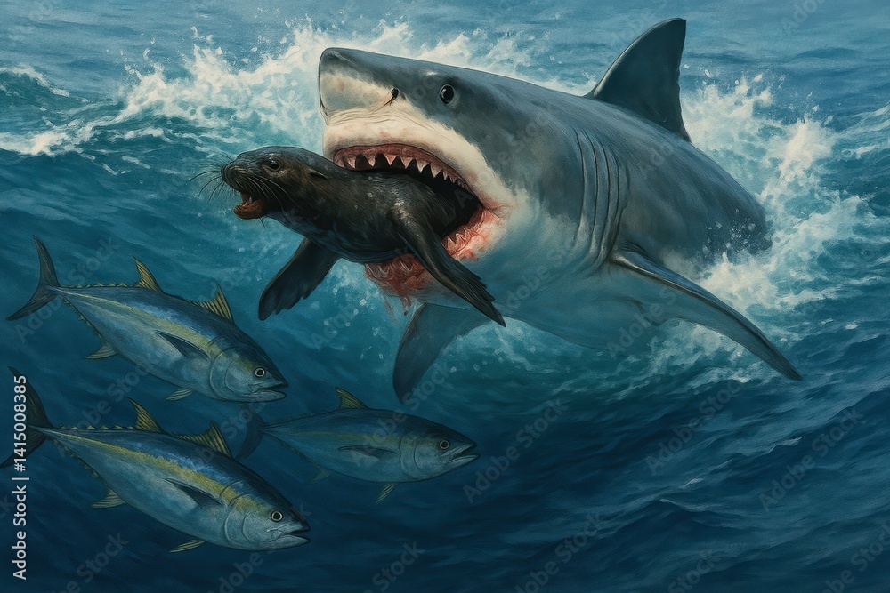 Fototapeta premium Majestic Great White Shark Hunting Seals in Ocean Waves