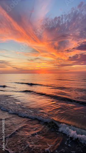 Peaceful sunset over calm ocean waters with dramatic colorful clouds ideal for vertical phone wallpapers and tranquil nature-inspired visuals
