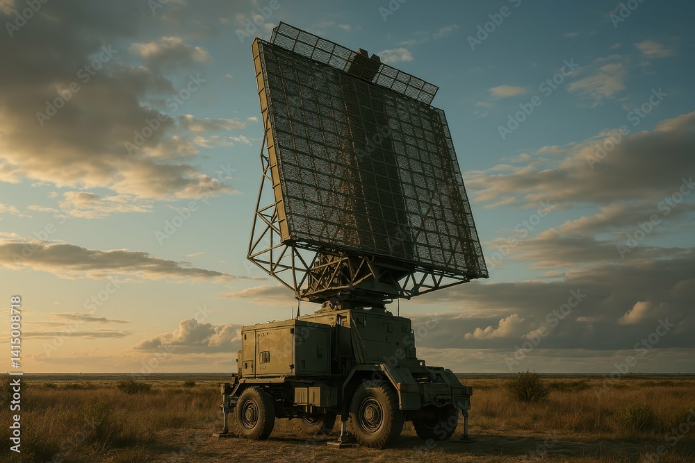 Mobile Radar System Under Dramatic Sky at Dusk in Desert Landscape