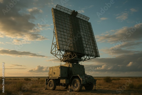 Obraz na płótnie Mobile Radar System Under Dramatic Sky at Dusk in Desert Landscape w salonie