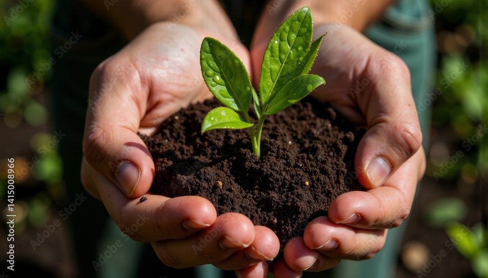 Caring hands holding a young plant in rich soil outdoors Caring hands holding a young plant in rich soil outdoors