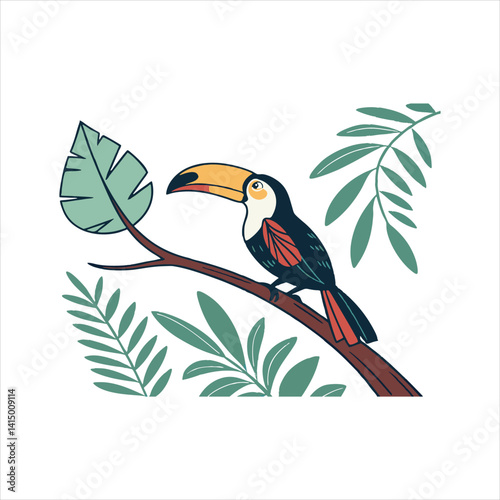Colorful Toucan Bird on Branch with Leaves Vector