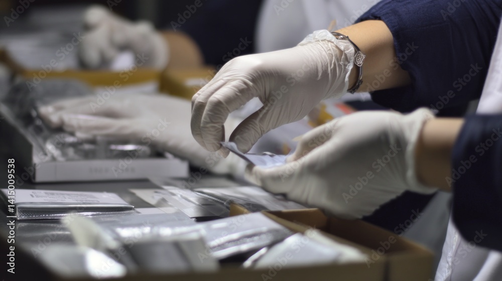 Fototapeta premium food safety contamination control. Sterile Manufacturing Process with Gloved Hands Inspecting Pharmaceutical Products for Quality Control.