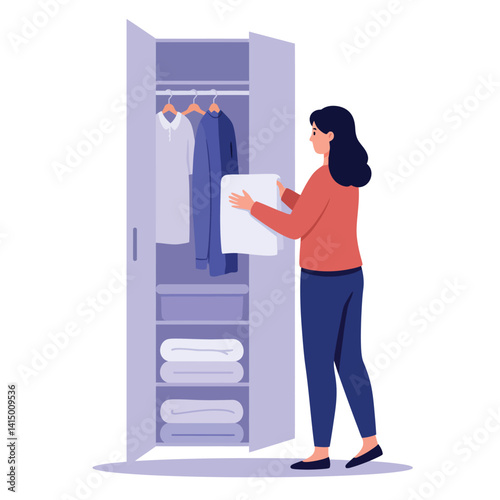 Woman organizing clothes in open wardrobe flat style home interior scene vector illustration