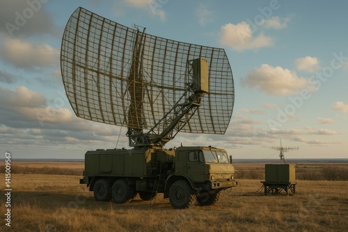 Military Radar Installation in Open Landscape During Golden Hour