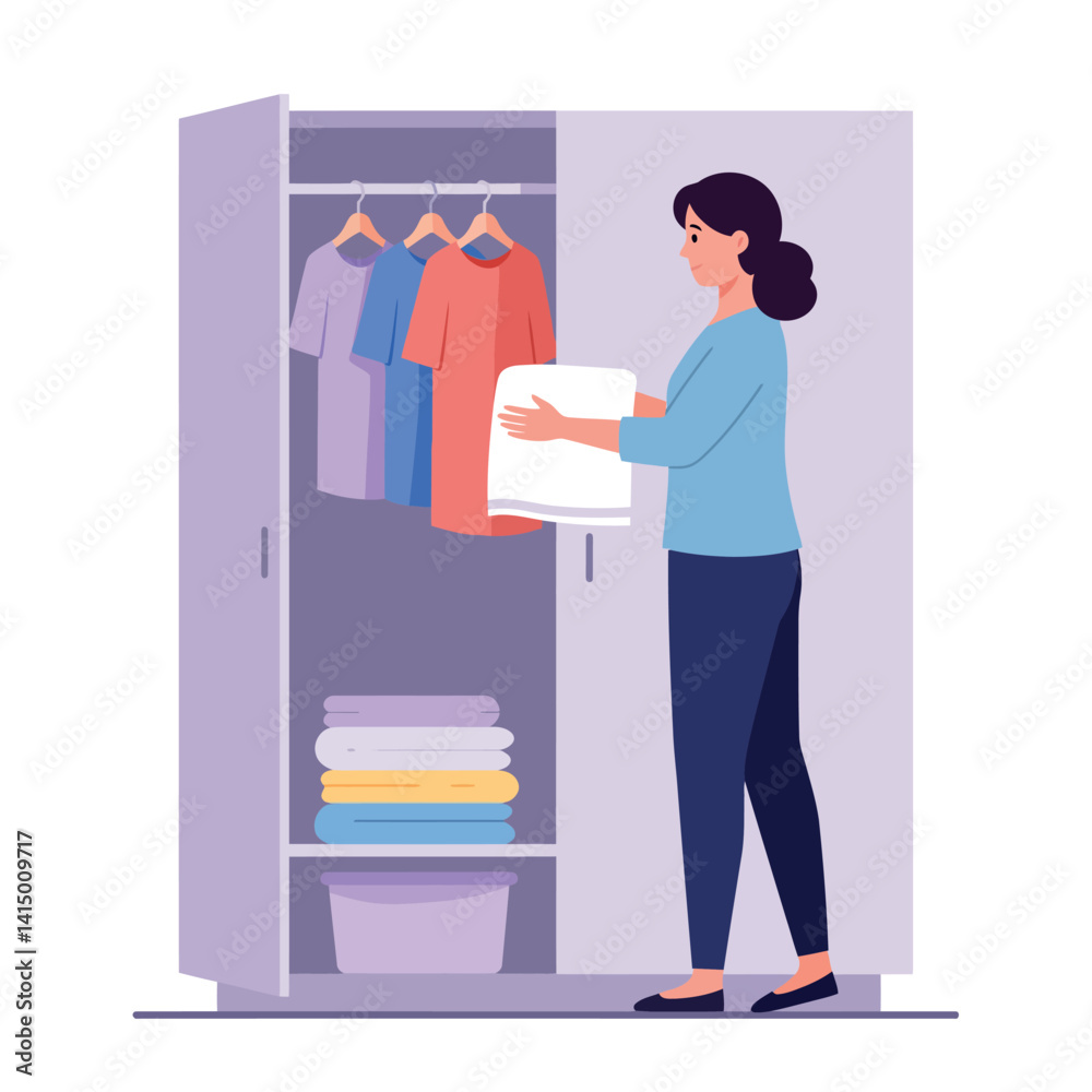 Woman organizing clothes in open wardrobe flat design with folded towels and hanging shirts vector illustration Woman organizing clothes in open wardrobe flat design with folded towels and hanging shirts vector illustration