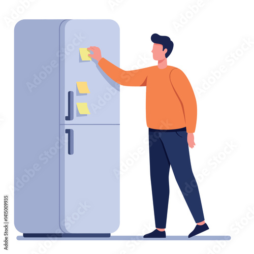 Man placing sticky notes on refrigerator in casual clothing flat design minimal vector illustration