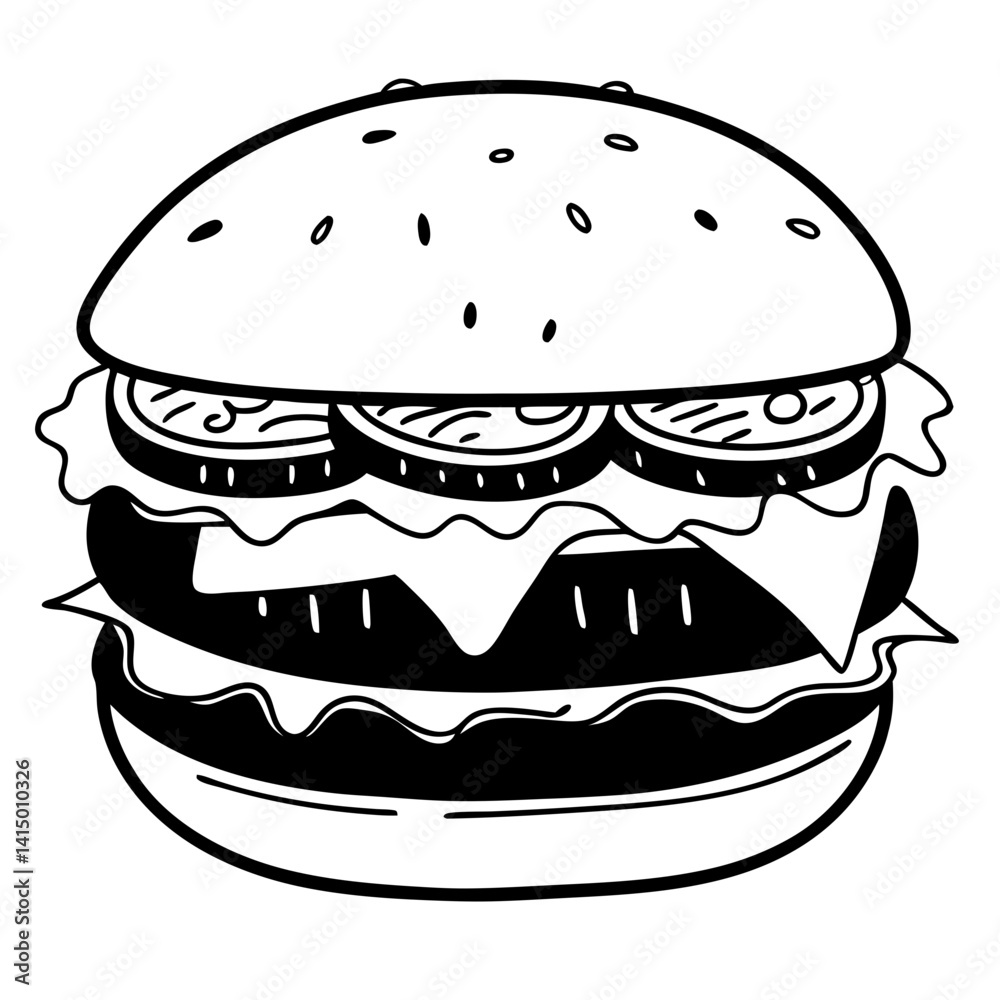 Black and white illustration of a burger on white background Black and white illustration of a burger on white background