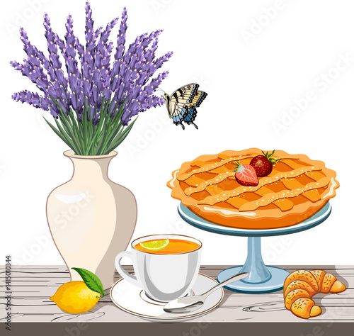 Vase Vase with lavender and pie on a platter.Cake on a stand, lavender bouquet in a vase and cup with tea on a wooden tabletop in vector illustration. lavender and pie on a platter.