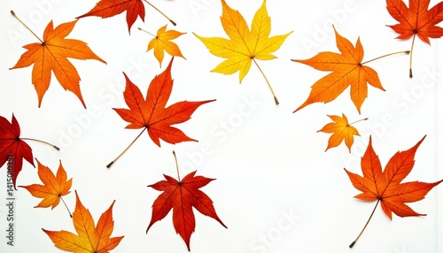 Colorful autumn leaves scattered on a white background  