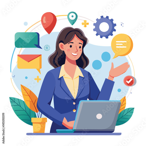 Businesswoman working on a laptop, surrounded by communication and organization tools