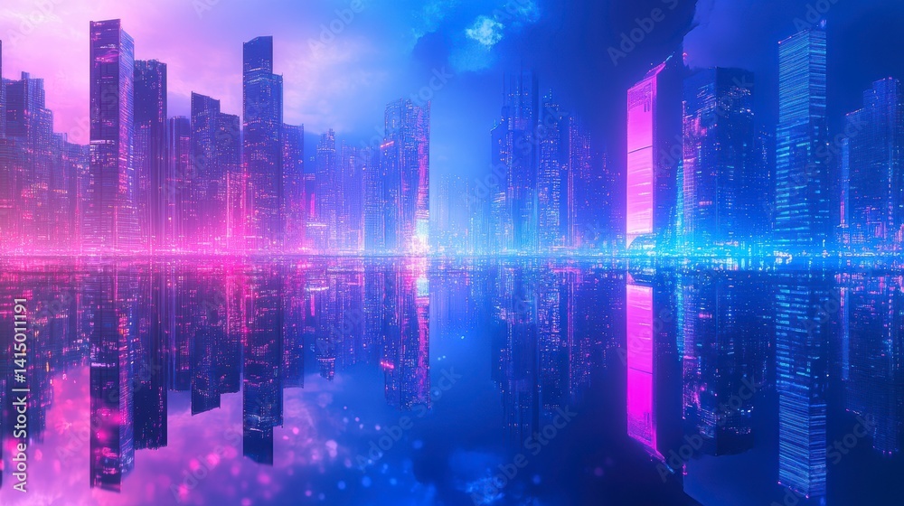 Futuristic city skyline reflected in calm water at night, illuminated with vibrant pink and blue neon lights. Futuristic city skyline reflected in calm water at night, illuminated with vibrant pink and blue neon lights.