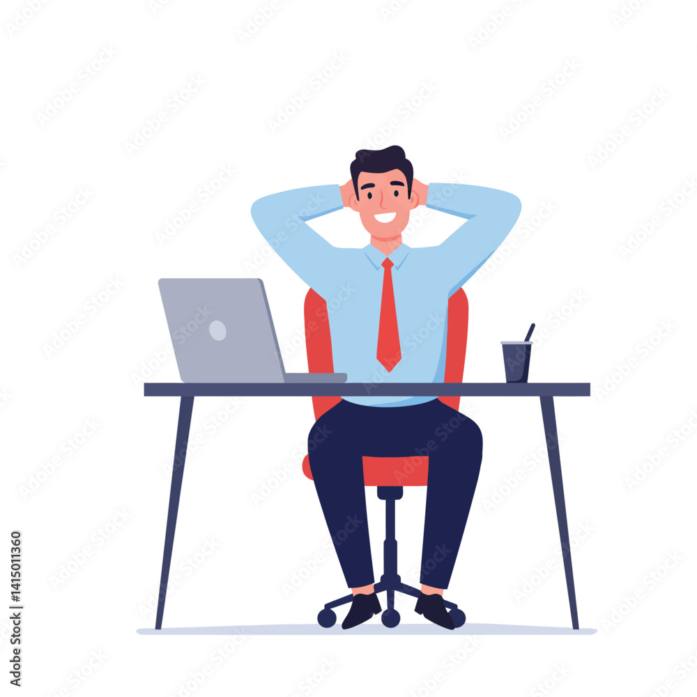 Smiling businessman relaxing at office desk with laptop and coffee cup flat design vector illustration Smiling businessman relaxing at office desk with laptop and coffee cup flat design vector illustration