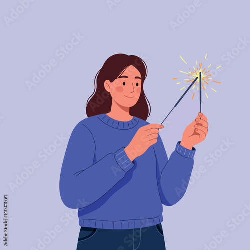 Young woman holding a lit sparkler in blue sweater celebrating with joyful expression flat design vector art