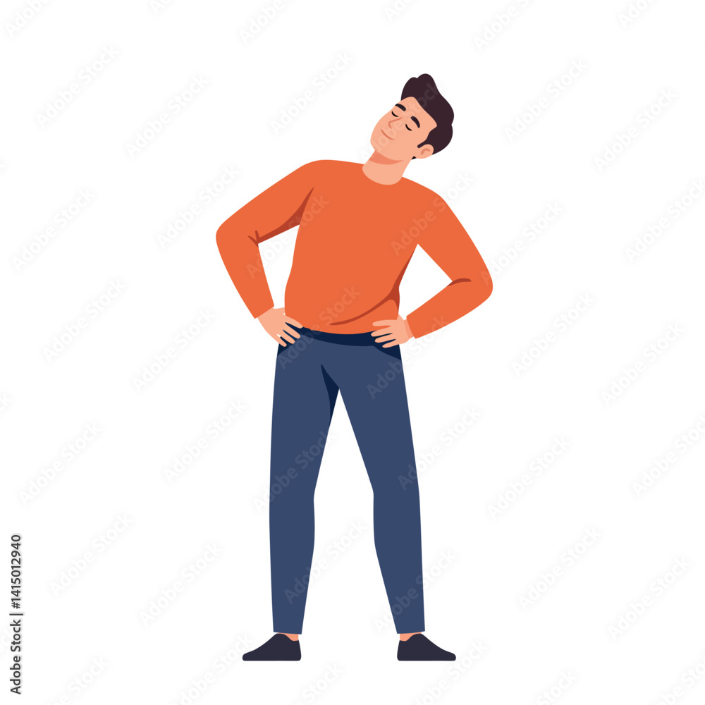 Young man stretching his neck wearing orange sweater and blue pants in flat minimal style vector illustration Young man stretching his neck wearing orange sweater and blue pants in flat minimal style vector illustration