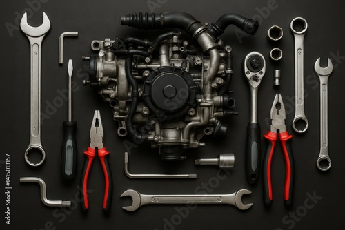 Engine parts and tools arranged on black background for repair and mechanics photo