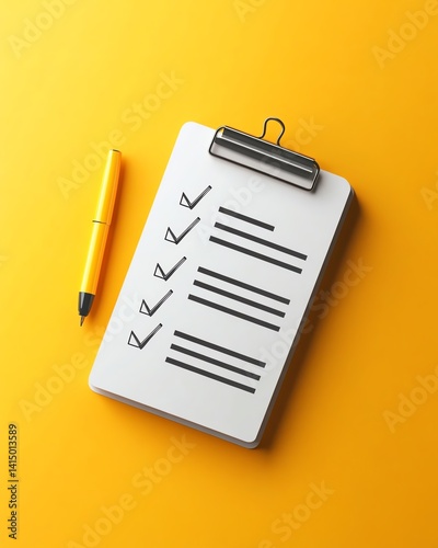 Clean business checklist infographic, minimal icon style, flat yellow lines, 3D illustration