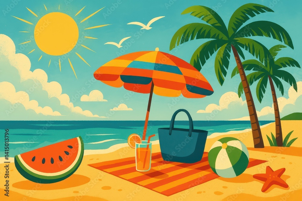 Obraz premium Vibrant Beach Scene with Umbrella, Watermelon, and Tropical Elements