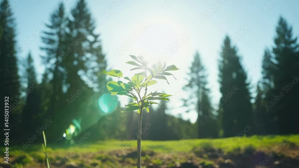 Young tree sapling growing in forest with sunlight filtering through towering pine trees. The small plant gradually grows taller and sprouts more vivid green leaves.