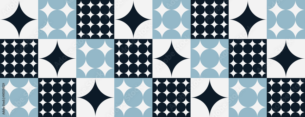 Geometric background with a retro style, featuring blue and black patterns. The background is blue and black with a tiled texture. Minimal retro geometric star pattern vector background