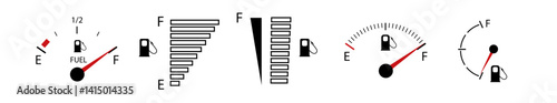 Vehicle fuel. Simple digital indicator of vehicle fuel. Full and empty icons of gas and fuel meters, fuel pump. Vector