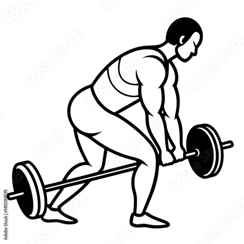 Line art vector silhouette of a person performing a deadlift, holding a barbell close to the ground