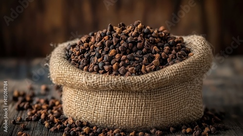 Dried spice in burlap bag