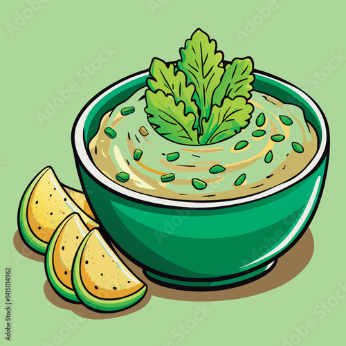 Fresh hummus in a vibrant green bowl.
