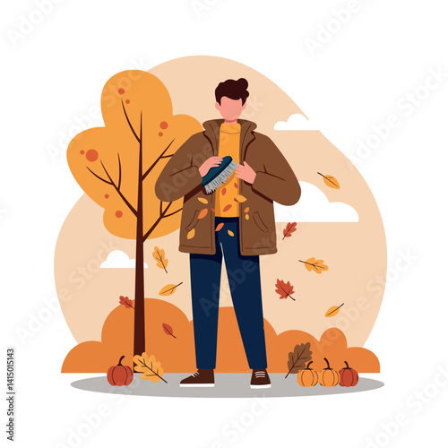 Young man in autumn jacket gathering fallen leaves in flat design style outdoor vector illustration