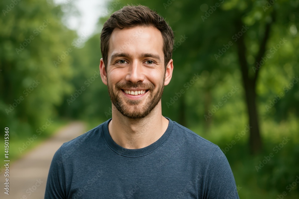 Smiling Young Man in Casual T-Shirt Surrounded by Nature on Pathway Smiling Young Man in Casual T-Shirt Surrounded by Nature on Pathway