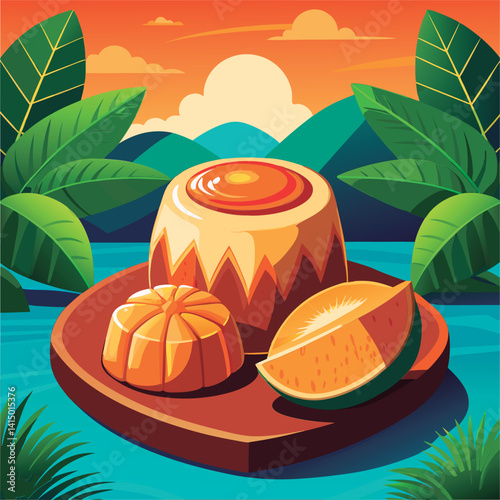 Tropical dessert platter with custard and melon.