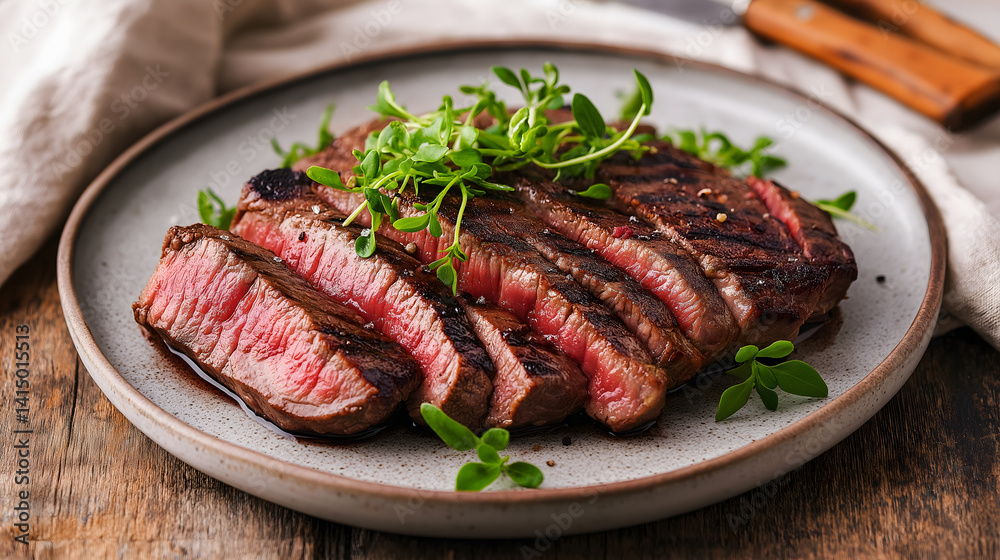 Tender grilled steak sliced and served with fresh green micro herbs on a rustic ceramic plate. Close-up of juicy pink center and perfect charred surface. Tender grilled steak sliced and served with fresh green micro herbs on a rustic ceramic plate. Close-up of juicy pink center and perfect charred surface.