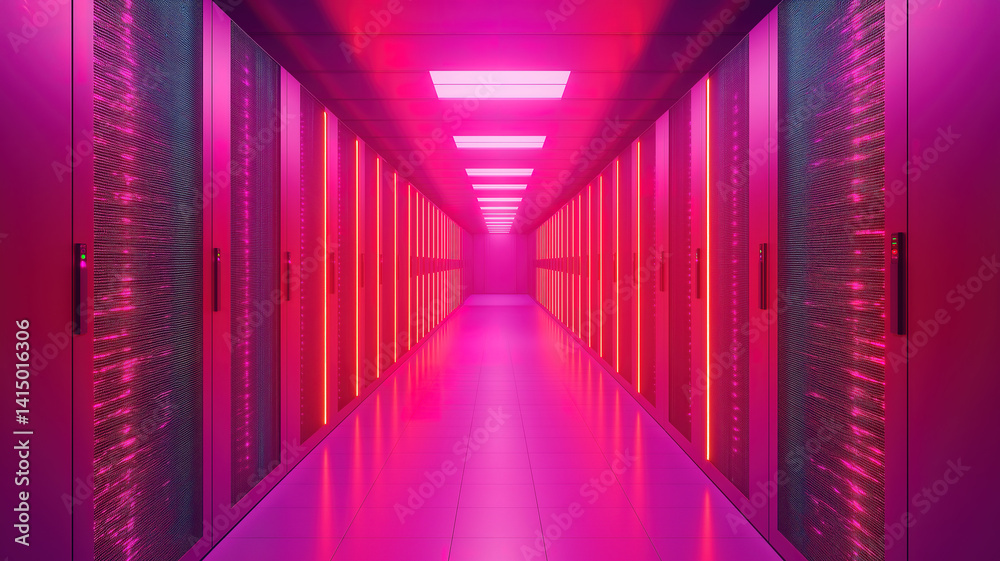Fototapeta premium Data center corridor showcasing rack servers, supercomputers, and robust high-speed internet connections