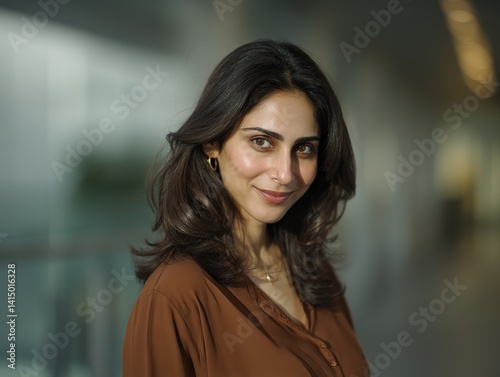 A smiling woman looks directly at the camera in the soft light. She has shoulder-length dark brown hair and wears a modern office space with glass walls and a sleek casual outfit. Free Download A smiling woman looks directly at the camera in the soft light. She has shoulder-length dark brown hair and wears a modern office space with glass walls and a sleek casual outfit. - GFXLoad