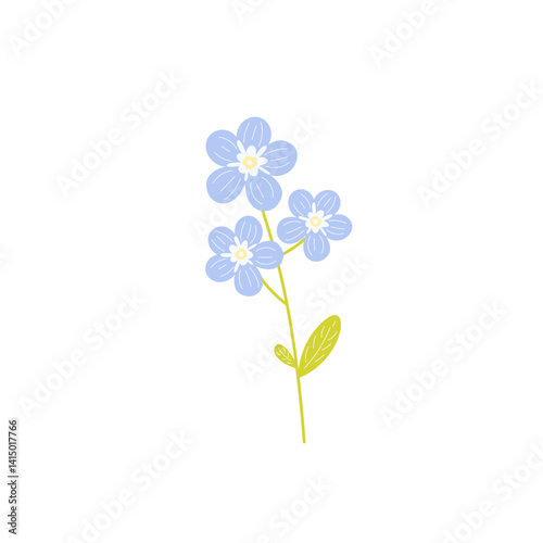 Forget-me-not flowers branch isolated on white background. Beautiful colorful wildflower. Hand drawn vector illustration in flat cartoon style