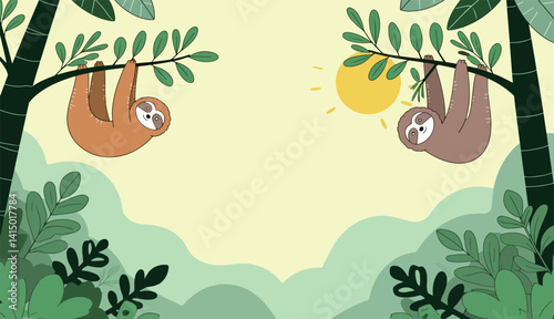 Cartoon Sloths Hanging in a Jungle