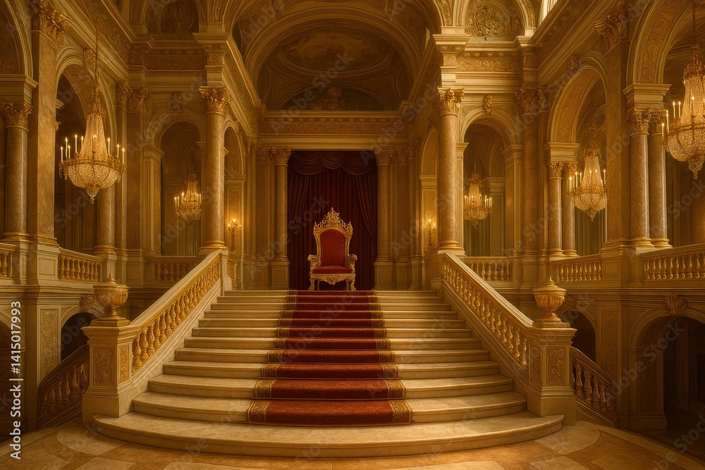 Obraz premium Majestic Royal Staircase with Ornate Throne in Luxurious Palace
