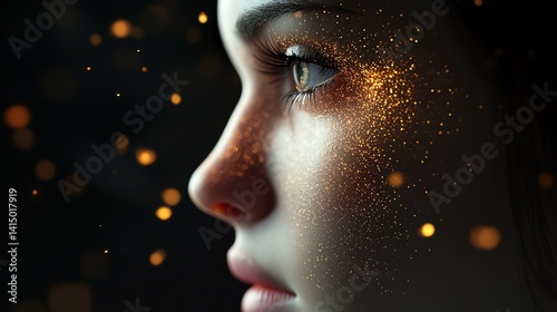 Futuristic beauty idea, floating particles on glowing skin, world faces, 3D illustration