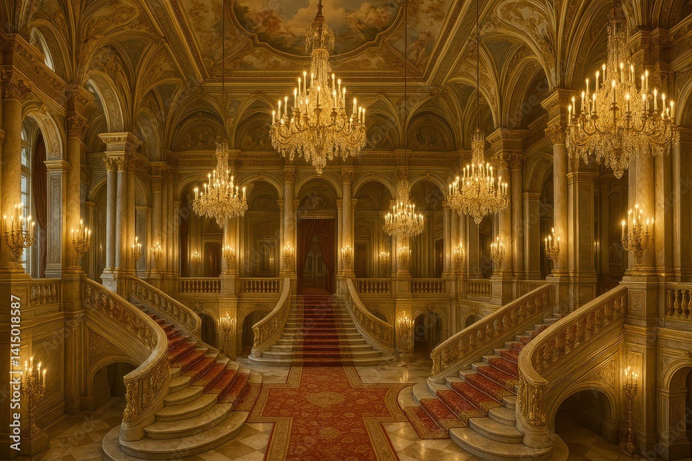 Obraz premium Elegant Grand Staircase with Crystal Chandeliers in Historic Venue